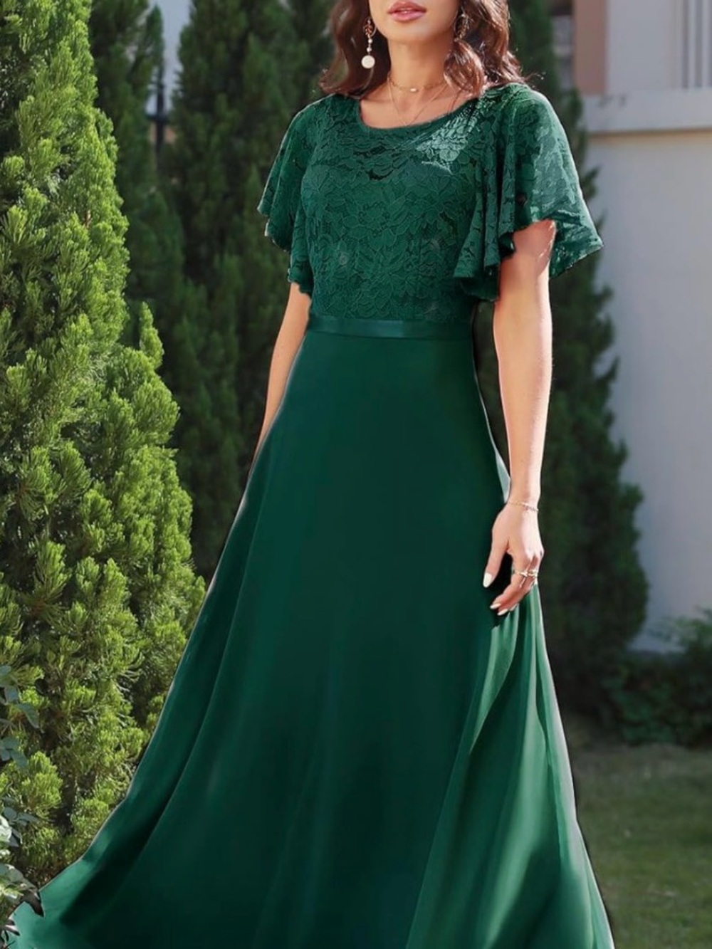Dress Tells Elegant Green Lace Flutter-Sleeve Maxi Dress